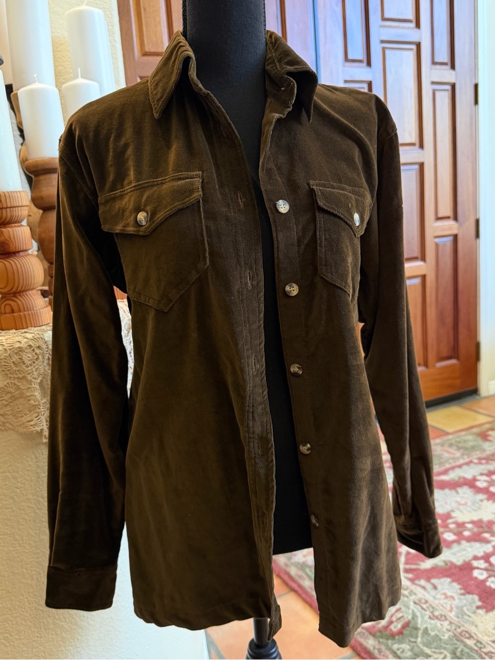 Vintage Brown Velour Button Up Shirt Womens S Y2K Velvet Feel 100% Cotton
